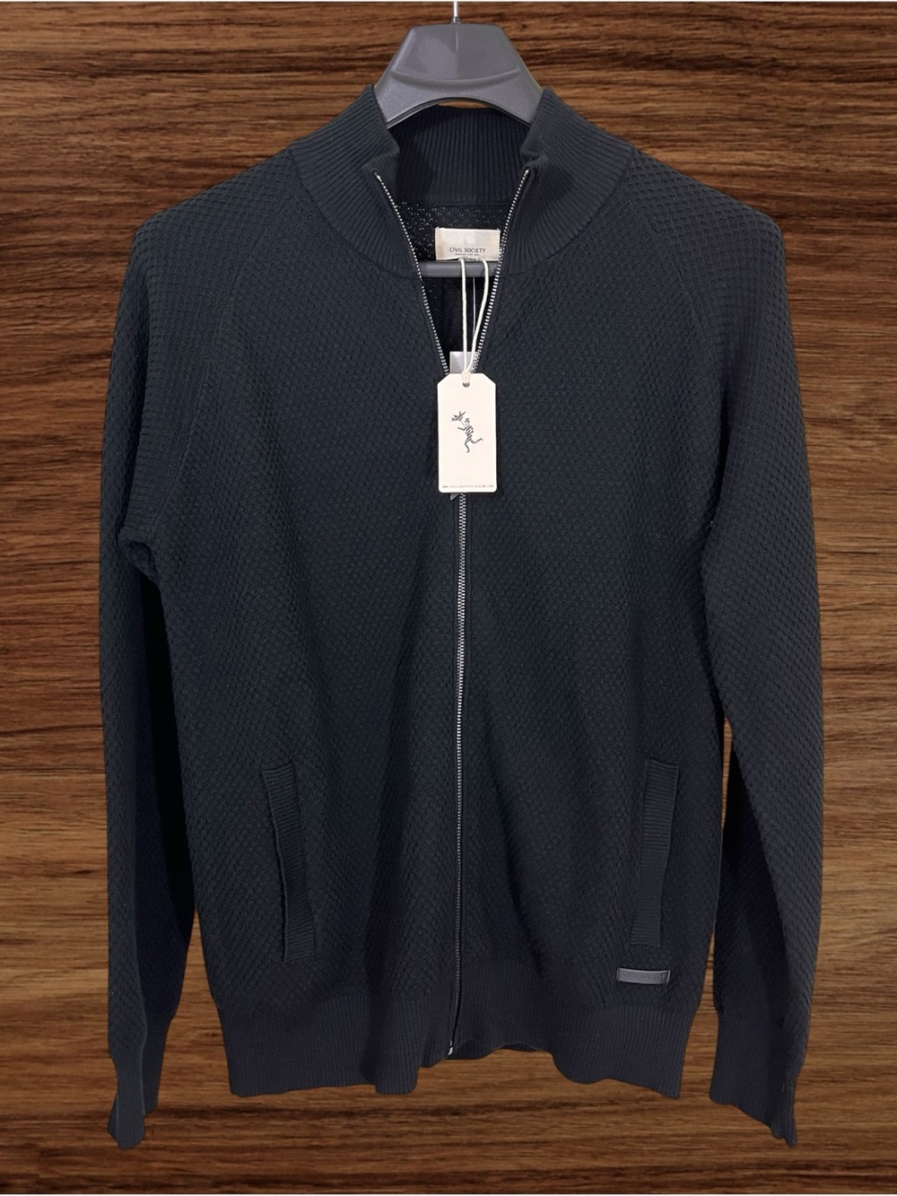 Civil Society Men’s Solid Black Waffle Knit Full Zip Sweater. Large